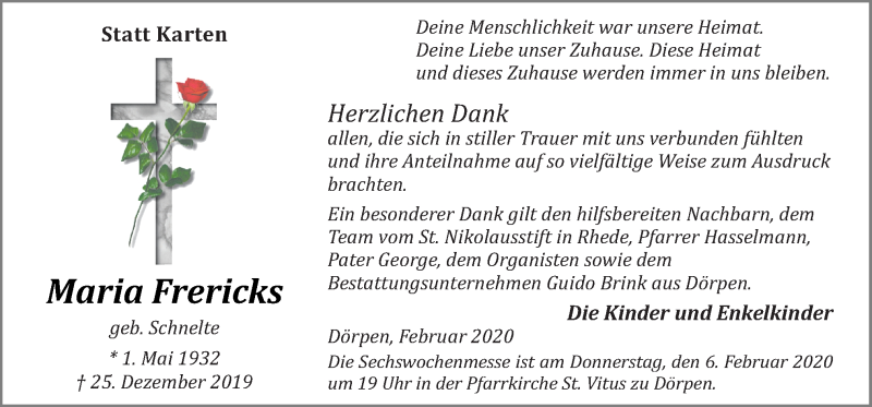  Traueranzeige für Maria Frericks vom 03.02.2020 aus Neue Osnabrücker Zeitung GmbH & Co. KG