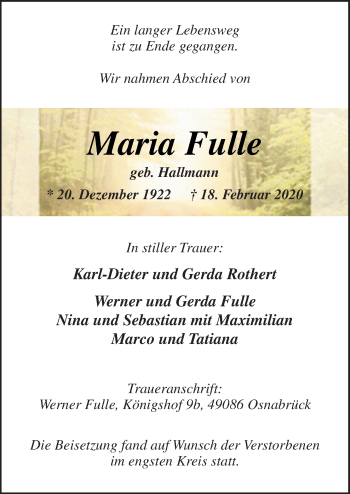 Traueranzeige von Maria Fulle von Neue Osnabrücker Zeitung GmbH & Co. KG