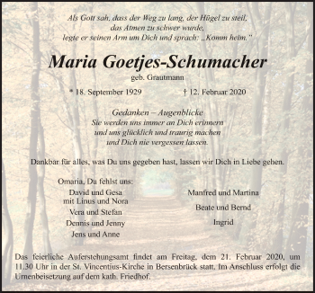 Traueranzeige von Maria Goetjes-Schumach von Neue Osnabrücker Zeitung GmbH & Co. KG