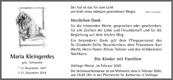 Traueranzeige von Maria Kleingerdes von Neue Osnabrücker Zeitung GmbH & Co. KG