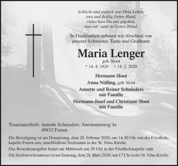 Traueranzeige von Maria Lenger von Neue Osnabrücker Zeitung GmbH & Co. KG