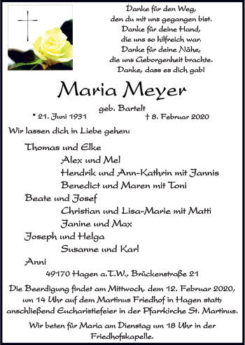 Traueranzeige von Maria Meyer von Neue Osnabrücker Zeitung GmbH & Co. KG