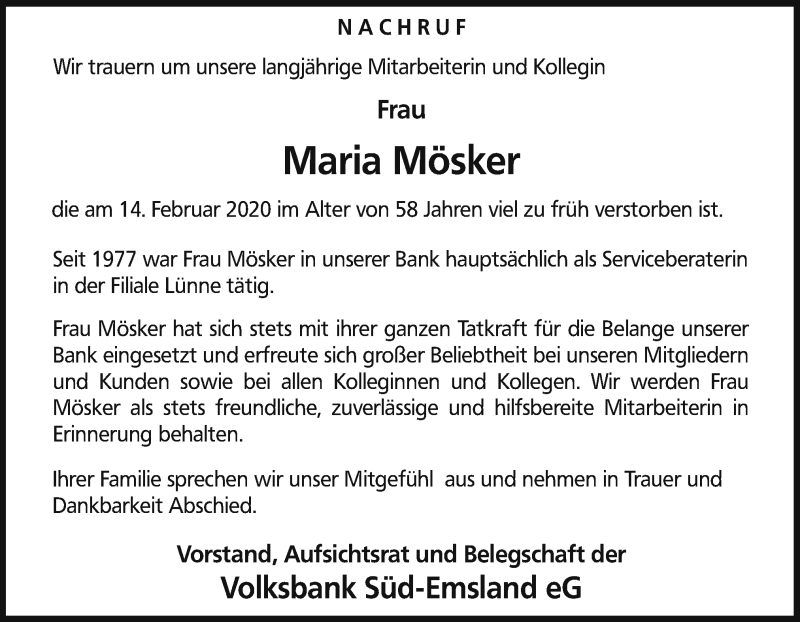  Traueranzeige für Maria Mösker vom 18.02.2020 aus Neue Osnabrücker Zeitung GmbH & Co. KG