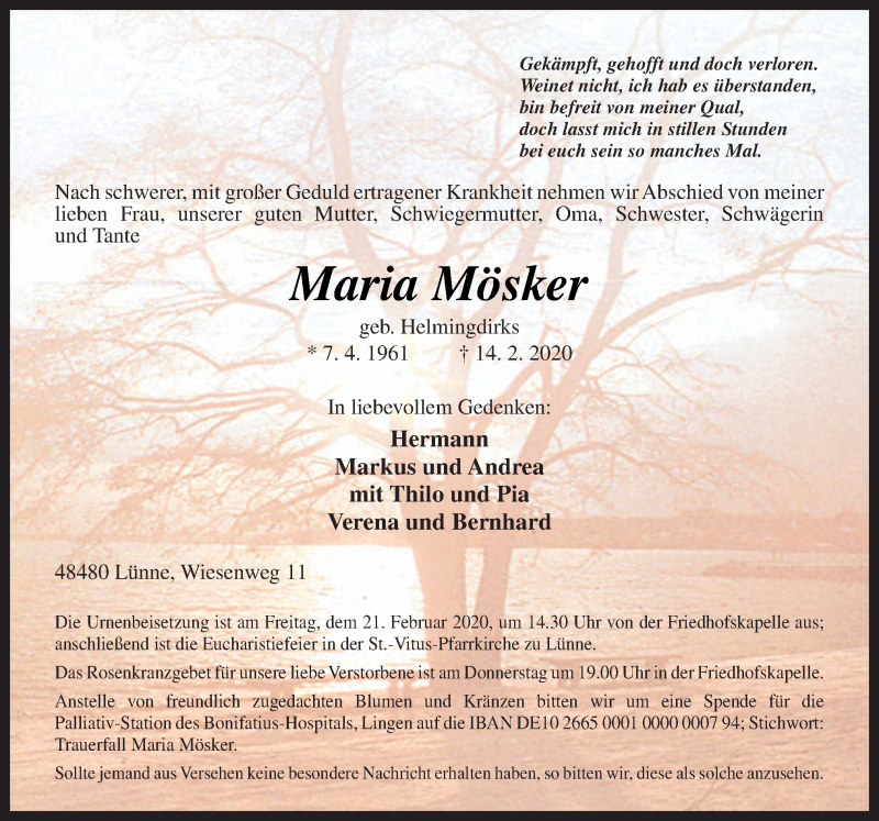  Traueranzeige für Maria Mösker vom 17.02.2020 aus Neue Osnabrücker Zeitung GmbH & Co. KG