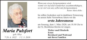 Traueranzeige von Maria Pulsfort von Neue Osnabrücker Zeitung GmbH & Co. KG