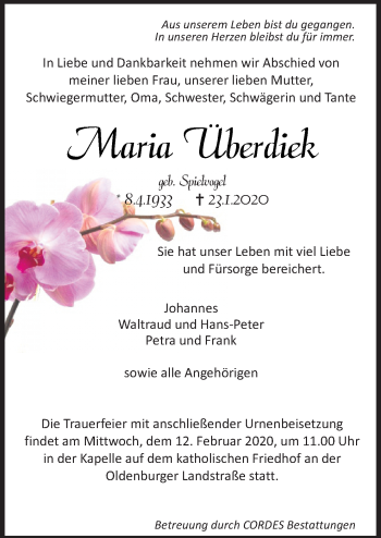 Traueranzeige von Maria Überdiek von Neue Osnabrücker Zeitung GmbH & Co. KG