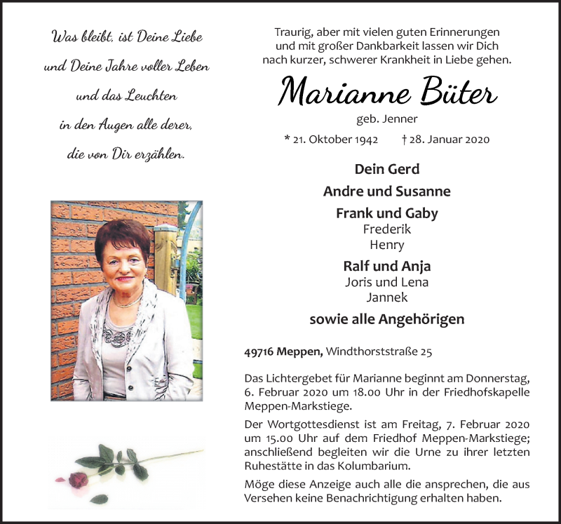  Traueranzeige für Marianne Büter vom 01.02.2020 aus Neue Osnabrücker Zeitung GmbH & Co. KG