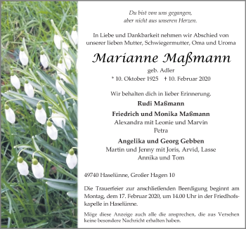 Traueranzeige von Marianne Maßmann von Neue Osnabrücker Zeitung GmbH & Co. KG