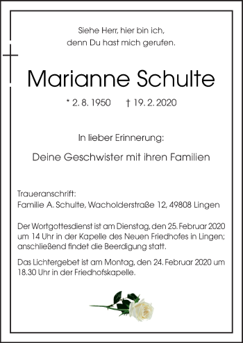 Traueranzeige von Marianne Schulte von Neue Osnabrücker Zeitung GmbH & Co. KG