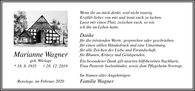  Traueranzeige für Marianne Wagner vom 08.02.2020 aus Neue Osnabrücker Zeitung GmbH & Co. KG