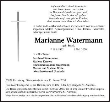 Traueranzeige von Marianne Watermann von Neue Osnabrücker Zeitung GmbH & Co. KG