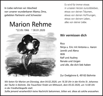 Traueranzeige von Marion Rehme von Neue Osnabrücker Zeitung GmbH & Co. KG