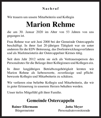 Traueranzeige von Marion Rehme von Neue Osnabrücker Zeitung GmbH & Co. KG
