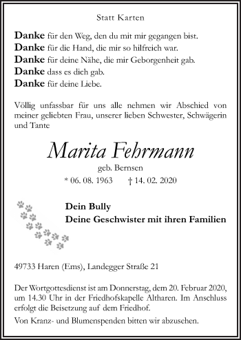 Traueranzeige von Marita Fehrmann von Neue Osnabrücker Zeitung GmbH & Co. KG