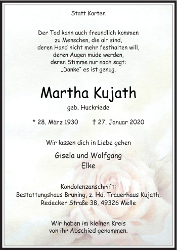 Traueranzeige von Martha Kujath von Neue Osnabrücker Zeitung GmbH & Co. KG