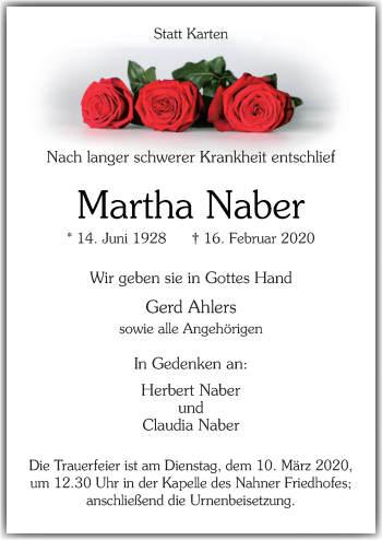 Traueranzeige von Martha Naber von Neue Osnabrücker Zeitung GmbH & Co. KG