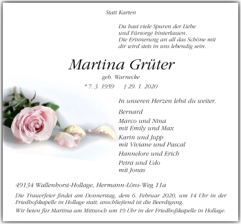 Traueranzeige von Martina Grüter von Neue Osnabrücker Zeitung GmbH & Co. KG