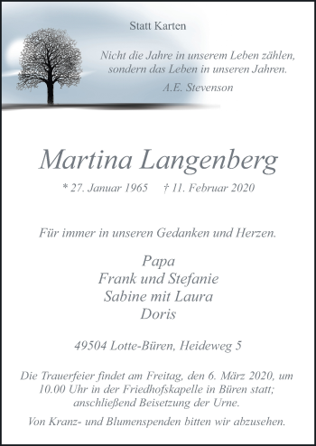 Traueranzeige von Martina Langenberg von Neue Osnabrücker Zeitung GmbH & Co. KG