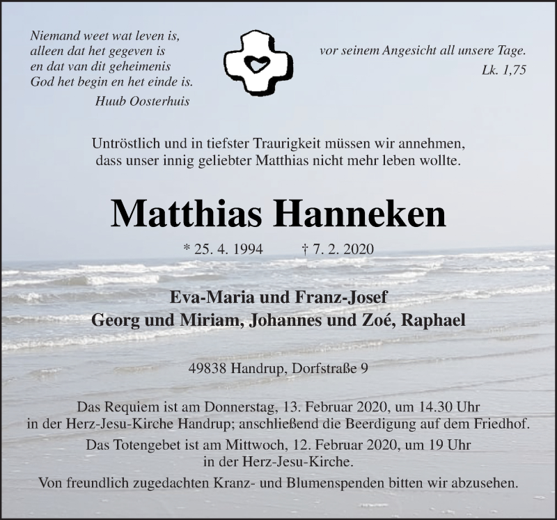  Traueranzeige für Matthias Hanneken vom 10.02.2020 aus Neue Osnabrücker Zeitung GmbH & Co. KG