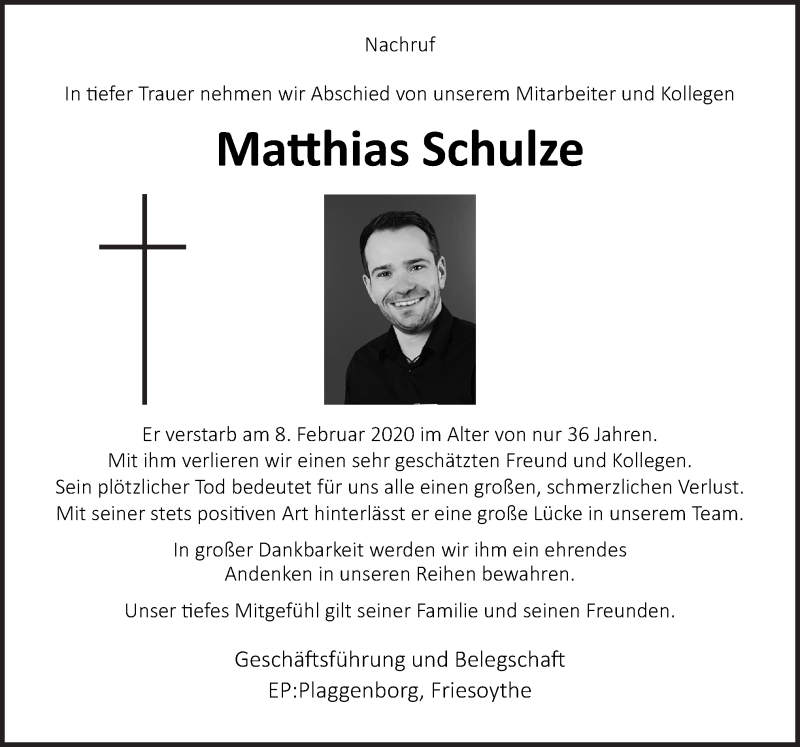  Traueranzeige für Matthias Schulze vom 14.02.2020 aus Neue Osnabrücker Zeitung GmbH & Co. KG