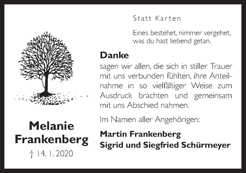  Traueranzeige für Melanie Frankenberg vom 29.02.2020 aus Neue Osnabrücker Zeitung GmbH & Co. KG