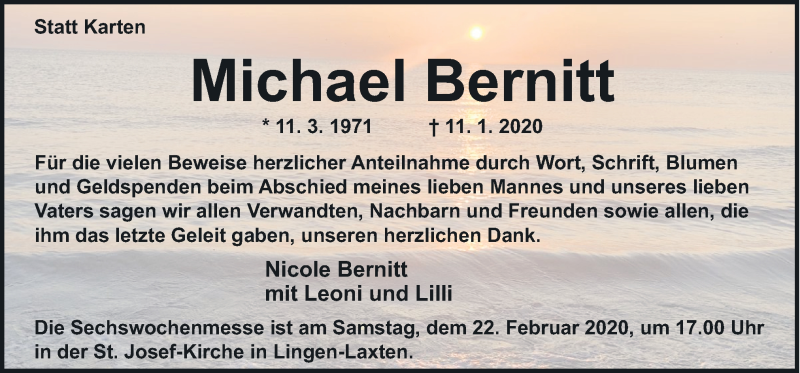  Traueranzeige für Michael Bernitt vom 19.02.2020 aus Neue Osnabrücker Zeitung GmbH & Co. KG