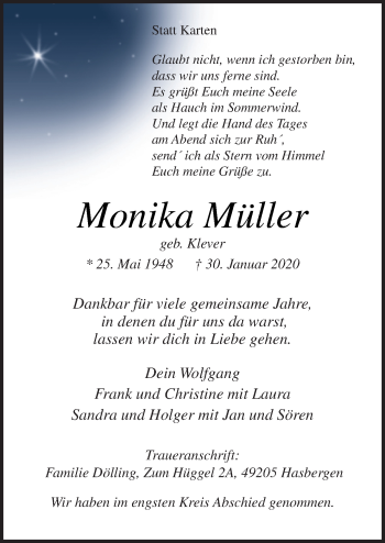 Traueranzeige von Monika Müller von Neue Osnabrücker Zeitung GmbH & Co. KG