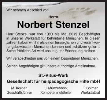 Traueranzeige von Norbert Stenzel von Neue Osnabrücker Zeitung GmbH & Co. KG