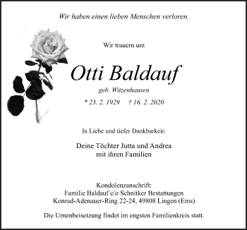 Traueranzeige von Otti Baldauf von Neue Osnabrücker Zeitung GmbH & Co. KG
