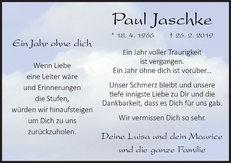  Traueranzeige für Paul Jaschke vom 26.02.2020 aus Neue Osnabrücker Zeitung GmbH & Co. KG