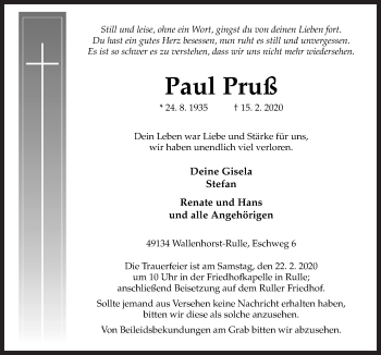 Traueranzeige von Paul Pruß von Neue Osnabrücker Zeitung GmbH & Co. KG