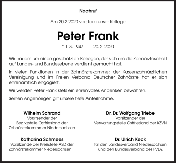 Traueranzeige von Peter Frank von Neue Osnabrücker Zeitung GmbH & Co. KG