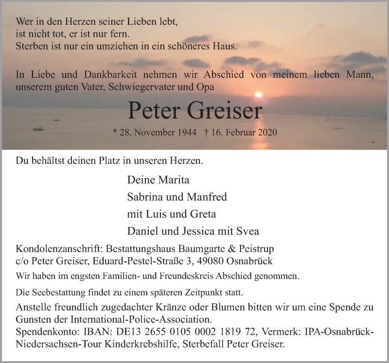  Traueranzeige für Peter Greiser vom 22.02.2020 aus Neue Osnabrücker Zeitung GmbH & Co. KG