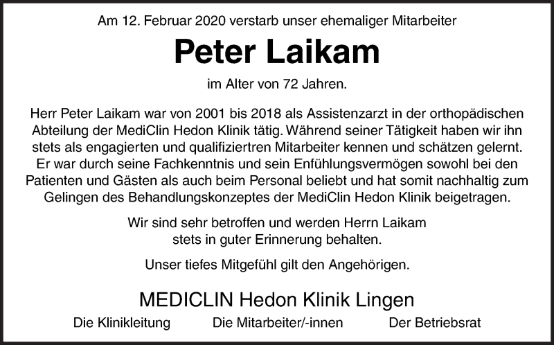  Traueranzeige für Peter Laikam vom 19.02.2020 aus Neue Osnabrücker Zeitung GmbH & Co. KG