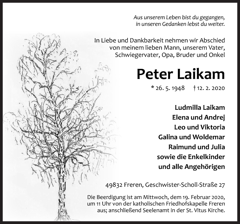  Traueranzeige für Peter Laikam vom 14.02.2020 aus Neue Osnabrücker Zeitung GmbH & Co. KG