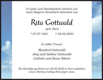 Traueranzeige von Rita Gottwald von Neue Osnabrücker Zeitung GmbH & Co. KG