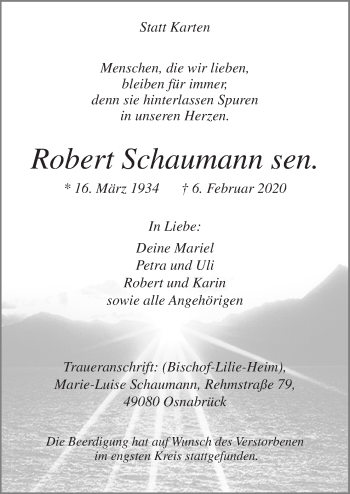 Traueranzeige von Robert Schaumann von Neue Osnabrücker Zeitung GmbH & Co. KG