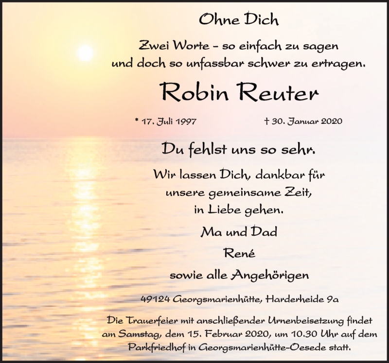 Traueranzeige für Robin Reuter vom 08.02.2020 aus Neue Osnabrücker Zeitung GmbH & Co. KG