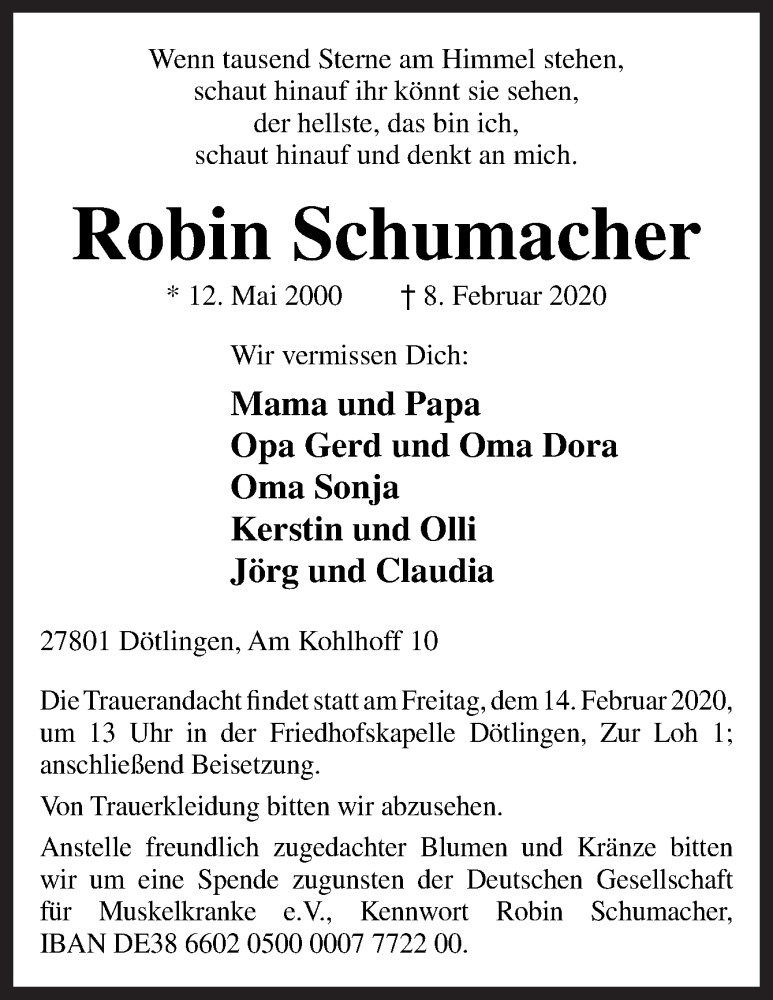  Traueranzeige für Robin Schumacher vom 11.02.2020 aus Neue Osnabrücker Zeitung GmbH & Co. KG