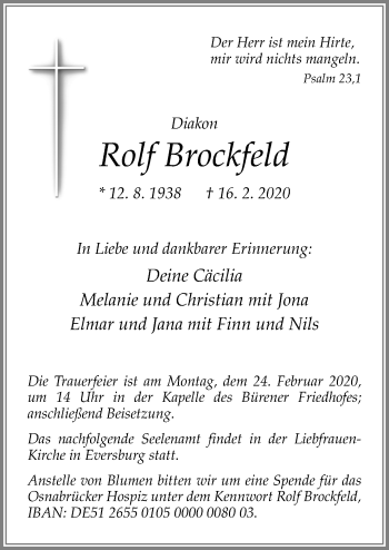 Traueranzeige von Rolf Brockfeld von Neue Osnabrücker Zeitung GmbH & Co. KG