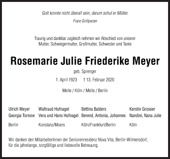 Traueranzeige von Rosemarie Julie Friederike Meyer von Neue Osnabrücker Zeitung GmbH & Co. KG