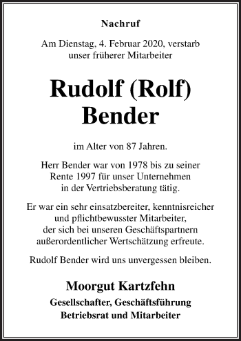 Traueranzeige von Rudolf Bender von Neue Osnabrücker Zeitung GmbH & Co. KG