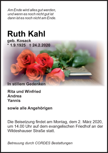 Traueranzeige von Ruth Kahl von Neue Osnabrücker Zeitung GmbH & Co. KG