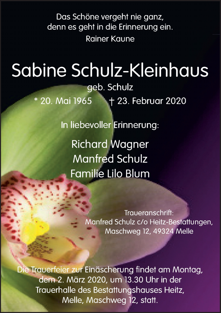  Traueranzeige für Sabine Schulz-Kleinhaus vom 26.02.2020 aus Neue Osnabrücker Zeitung GmbH & Co. KG