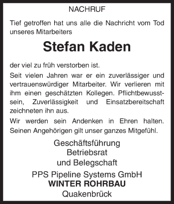 Traueranzeige von Stefan Kaden von Neue Osnabrücker Zeitung GmbH & Co. KG