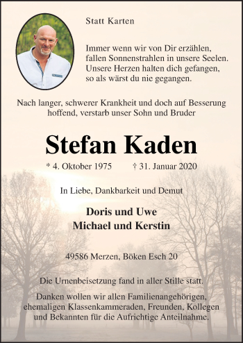 Traueranzeige von Stefan Kaden von Neue Osnabrücker Zeitung GmbH & Co. KG