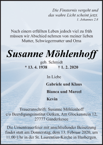 Traueranzeige von Susanne Möhlenhoff von Neue Osnabrücker Zeitung GmbH & Co. KG