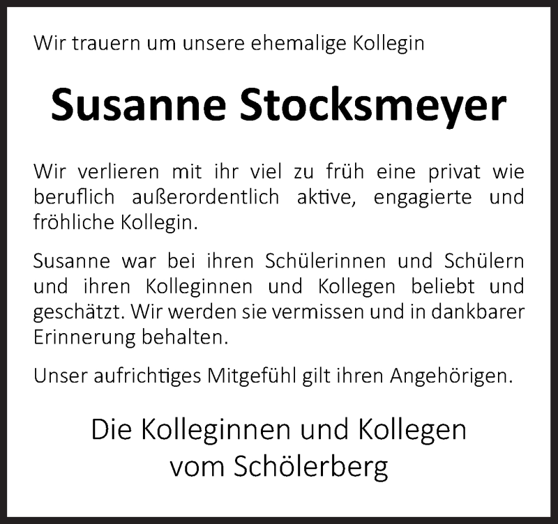  Traueranzeige für Susanne Stocksmeyer vom 01.02.2020 aus Neue Osnabrücker Zeitung GmbH & Co. KG