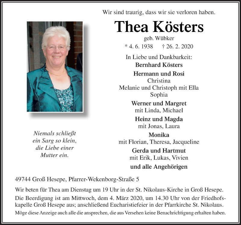  Traueranzeige für Thea Kösters vom 29.02.2020 aus Neue Osnabrücker Zeitung GmbH & Co. KG