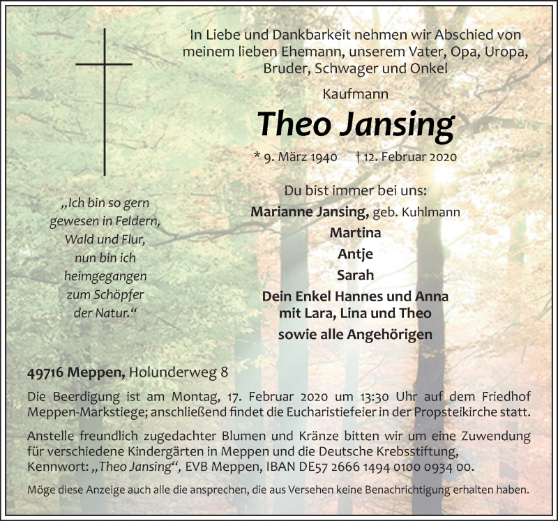  Traueranzeige für Theo Jansing vom 14.02.2020 aus Neue Osnabrücker Zeitung GmbH & Co. KG